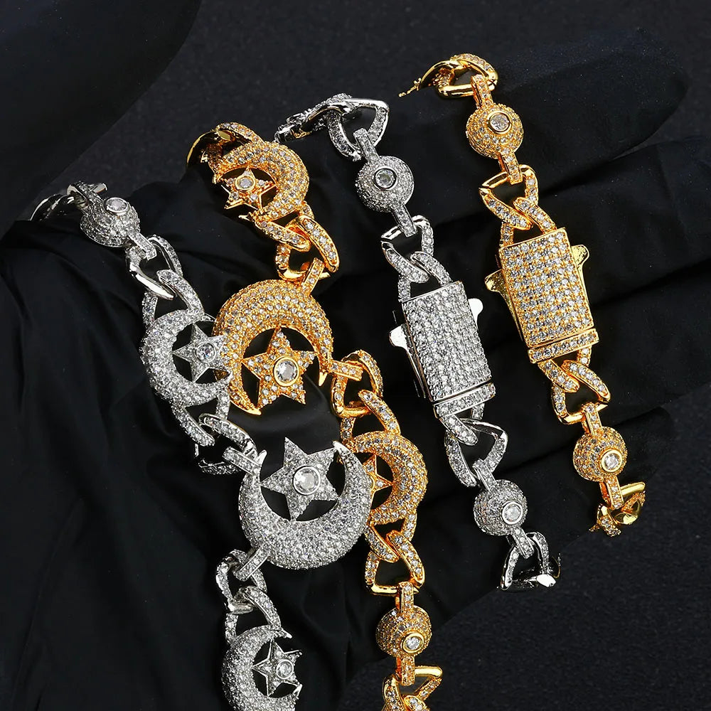 Iced Out Star Cuban Chain Necklace Moon CZ