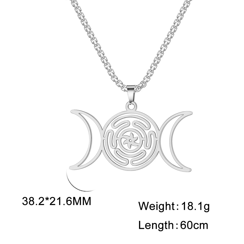 Hekate Wheel Triple Moon Pendant Necklace — Stainless Steel