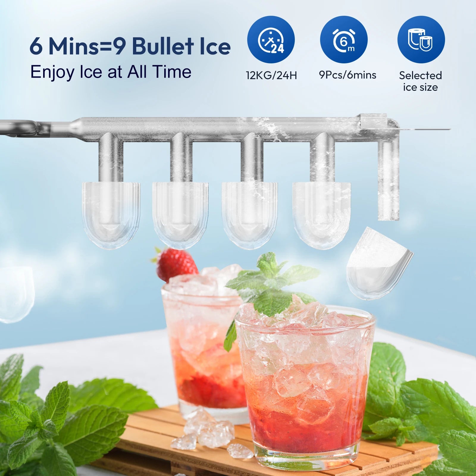 LOEFME 1.4L Ice Maker 12kg/24h Portable Ice Maker 6 Mins 9pcs Ice Cubes Self-Cleaning with Scoop for Home Cafes Camping