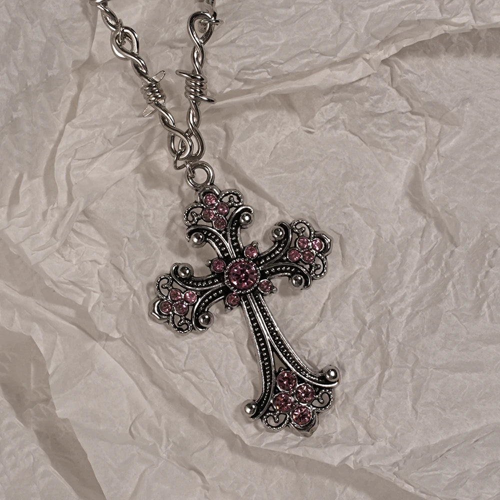 Y2K Spike Cross Pendant Necklace