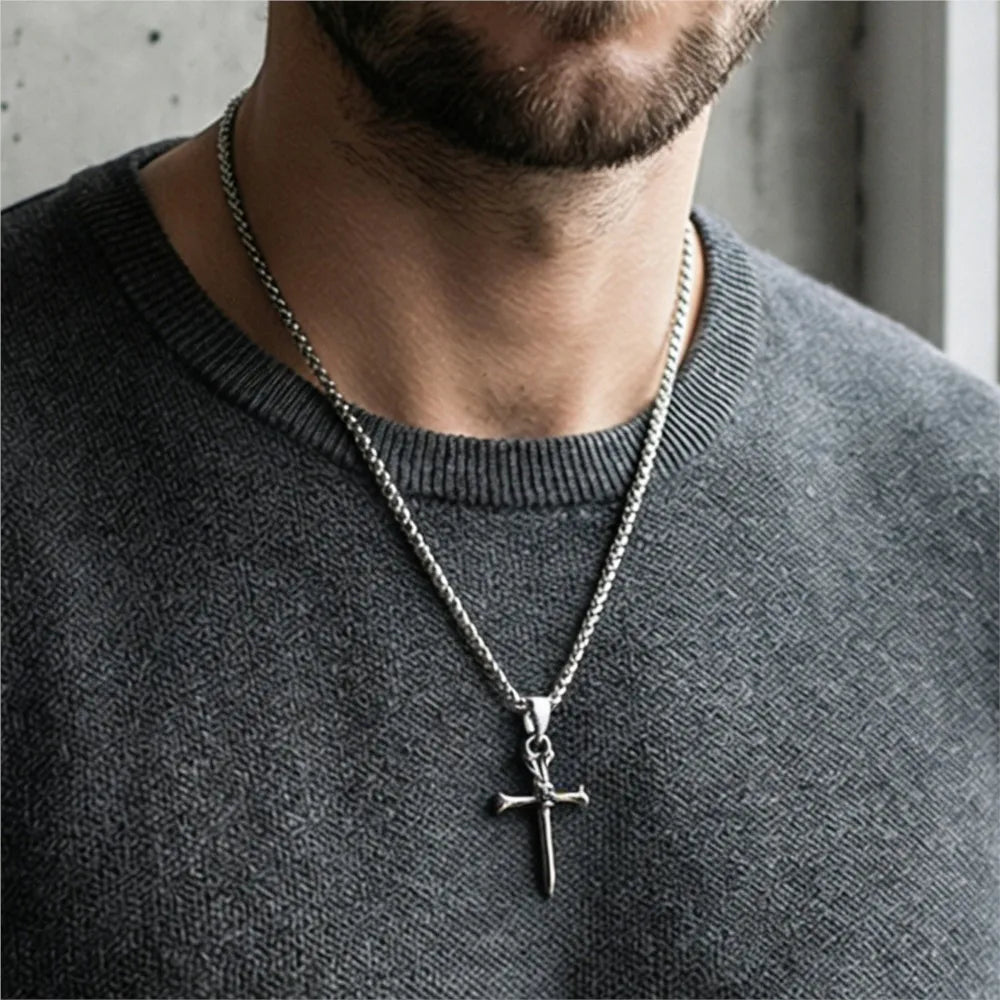 Silver Cross Skull Pendant Necklace Vintage
