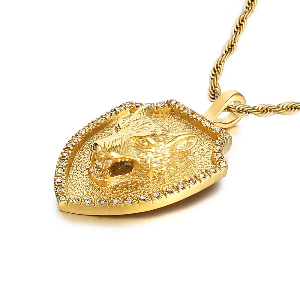 Lion Head Shield Pendant Necklace — Stainless Steel