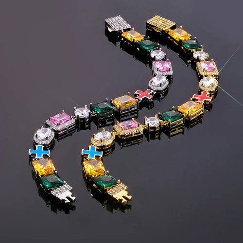 Cross Iced Out Gemstone Bracelet Stainless Steel