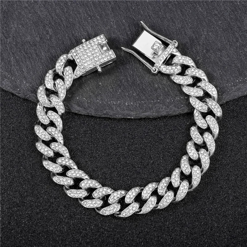 Sparkling Cuban Link Chain Bracelet - Golden Tone Stainless Steel, Rhinestone - Encrusted Hip Hop Bling for Guys