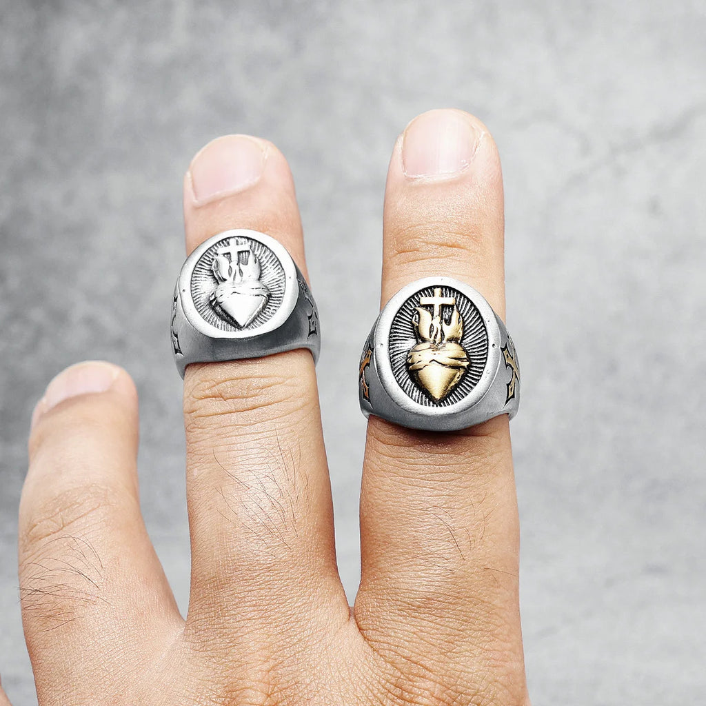 Heart of God Ring Religion Cross 316L Stainless Steel Mens Rings Amulet Rock for Male Boyfriend Biker Jewelry Gift