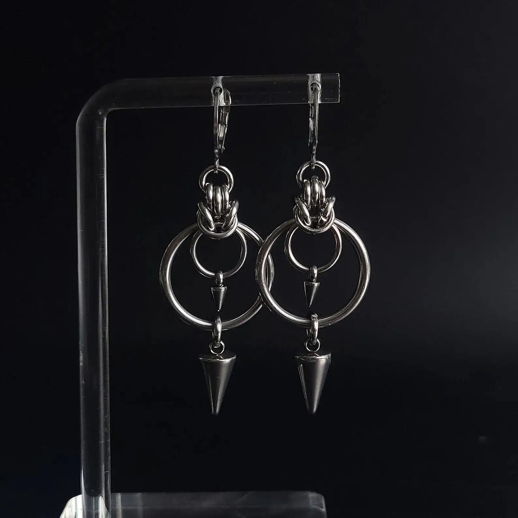 Gothic Rivet Tassel Double Ring Dangle Earrings — Stainless Steel