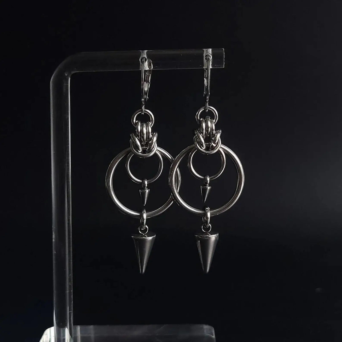 Gothic Rivet Tassel Double Ring Dangle Earrings — Stainless Steel