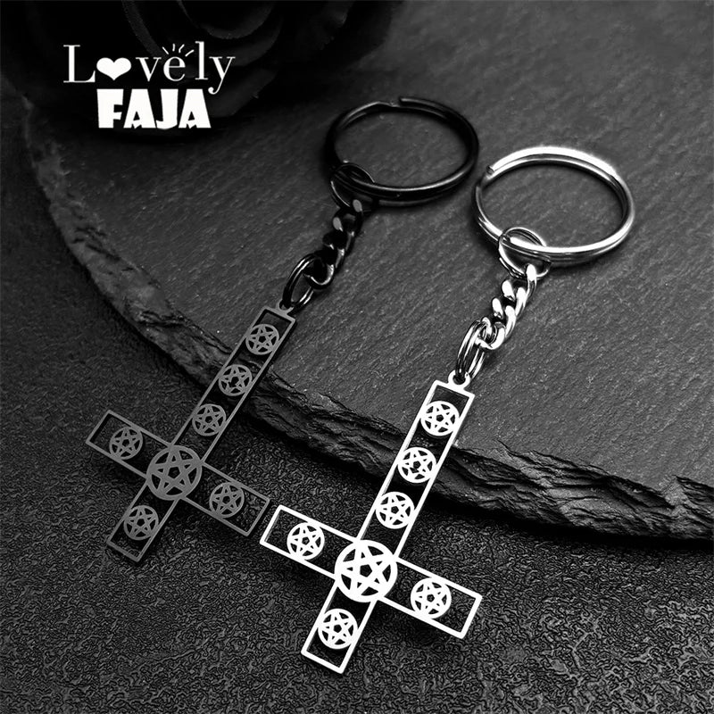 Inverted Cross Key Chain — Stainless Steel