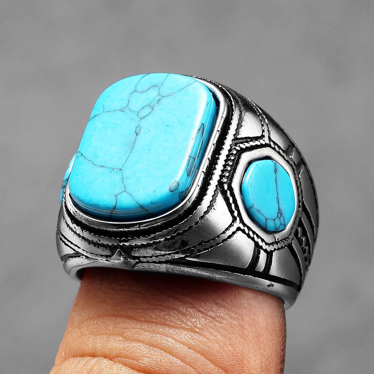 Turquoise Carved Ring — Stainless Steel