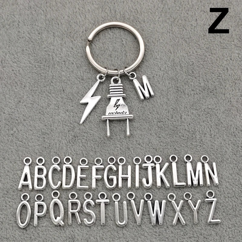 Fashion A-Z Letter Charm Lightning Bolt Plug Electrician Keychain for Electrical Worker Bag Car Keyring Gifts