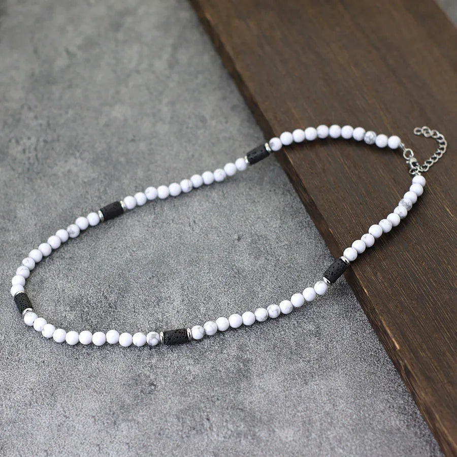 Classic 6mm Natural Stone Beaded Necklace Men 20 Inches Howlite Tiger Eyes Beads Short Collar Jewelry Office Leisure Joias Gift