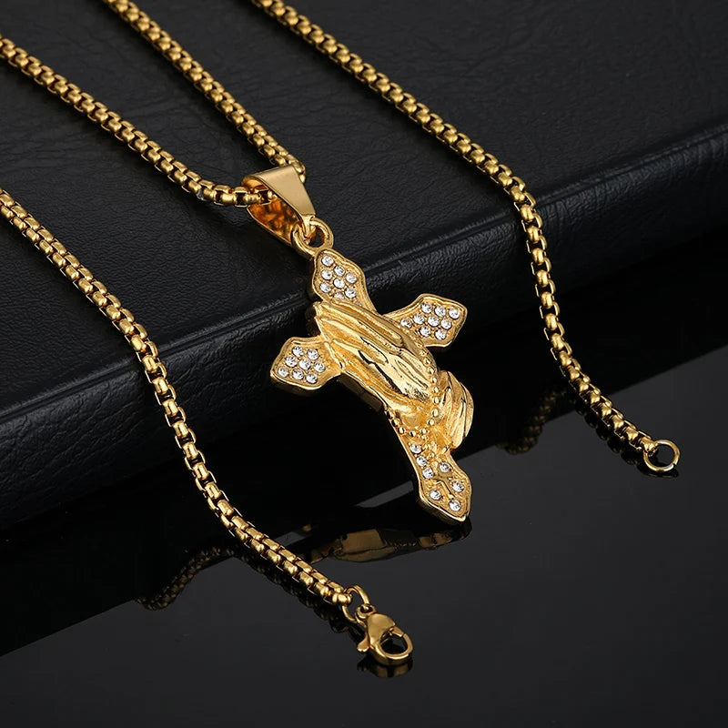 Iced Out Praying Hands Cross Pendant — Gold
