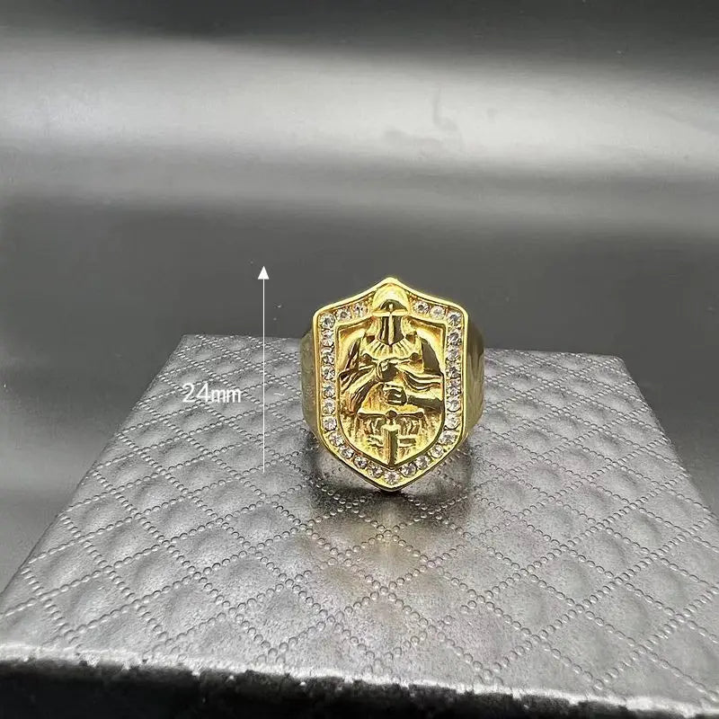 Megin D Stainless Steel Titanium Hip Hop Knights Templar Zircon Rings for Men Women Couple Boyfriends Gift Fashion Jewelry