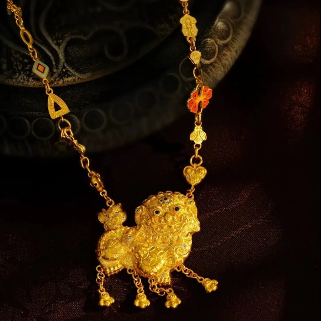 9999 24K real gold point diamond lion tassel necklace Chinese wind transfer lion dance woman necklace gift