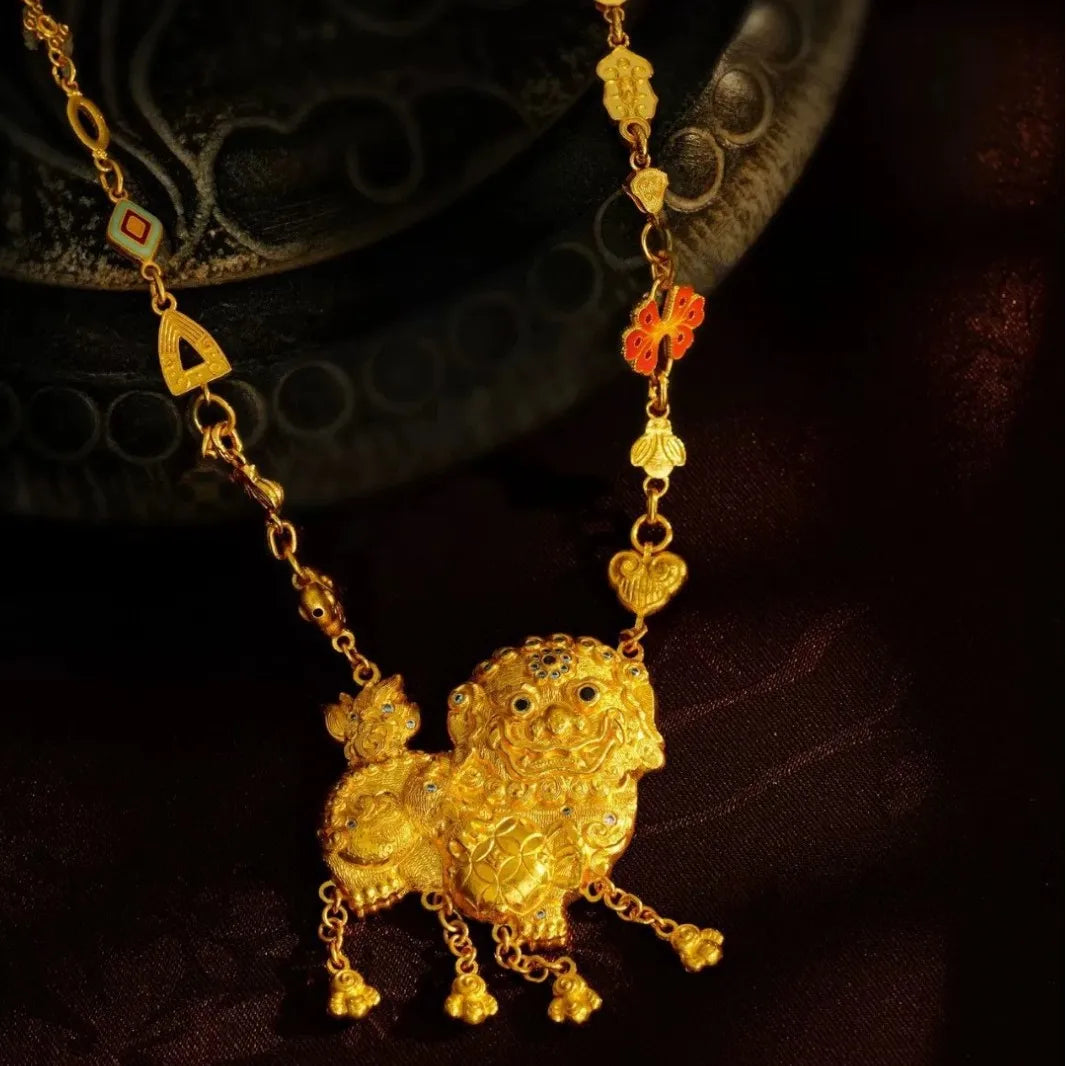 9999 24K real gold point diamond lion tassel necklace Chinese wind transfer lion dance woman necklace gift