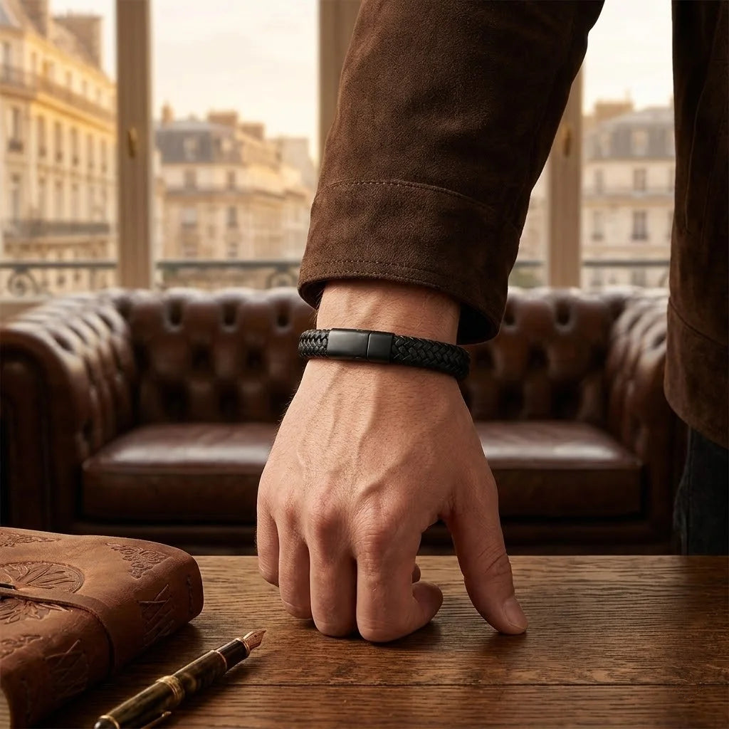 Black PU Leather Magnetic Bracelet Men's Mature and Stable and Elegant Giving Men The Best Gift for Men