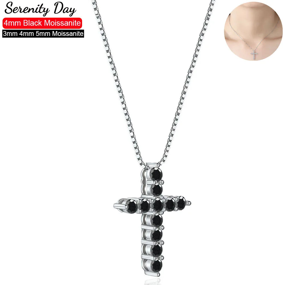 Serenity 3mm 4mm 5mm Black Moissanite Cross Pendant Necklace For Women Men 100% S925 Sterling Silver Jesus Neck Chain