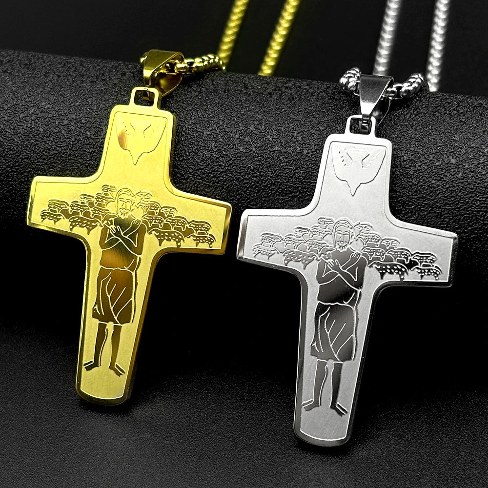 Christ Jesus Good Shepherd Cross Pendant Necklace for Women Men Stainless Steel Gold Color Holy Spirit Dove Chain Faith