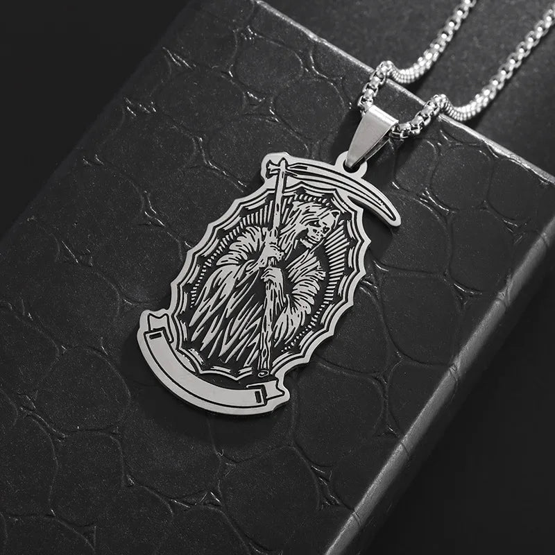 Retro Punk Stainless Steel Holy Death Skull Scythe Pendant Necklace for Men  Gothic Jewelry Halloween Gifts