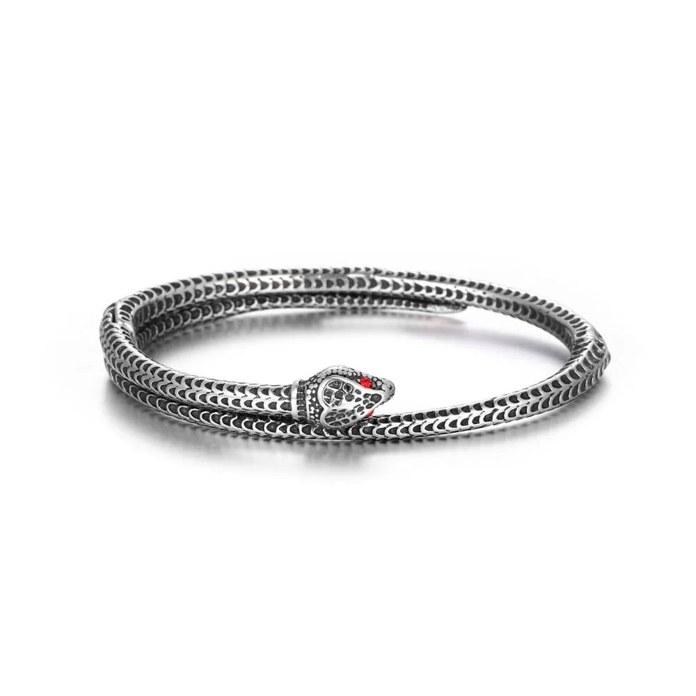 Gothic Vintage Viking Snake Bracelet With Red Stone For Men Women Stainless Steel Punk Rock Animal Bangles Fashion