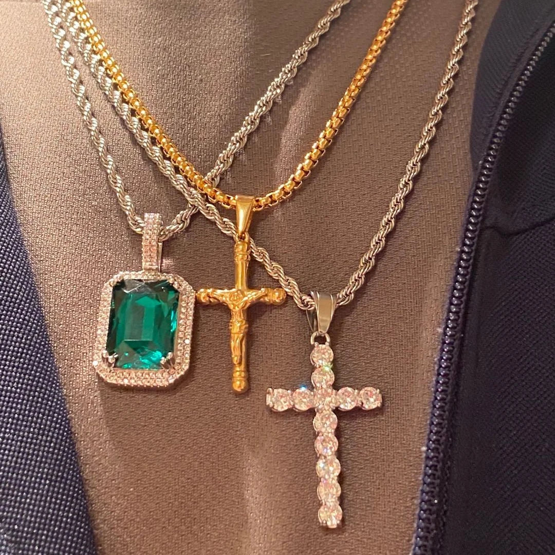 Iced Out Rope Pendant Necklace Stainless Steel