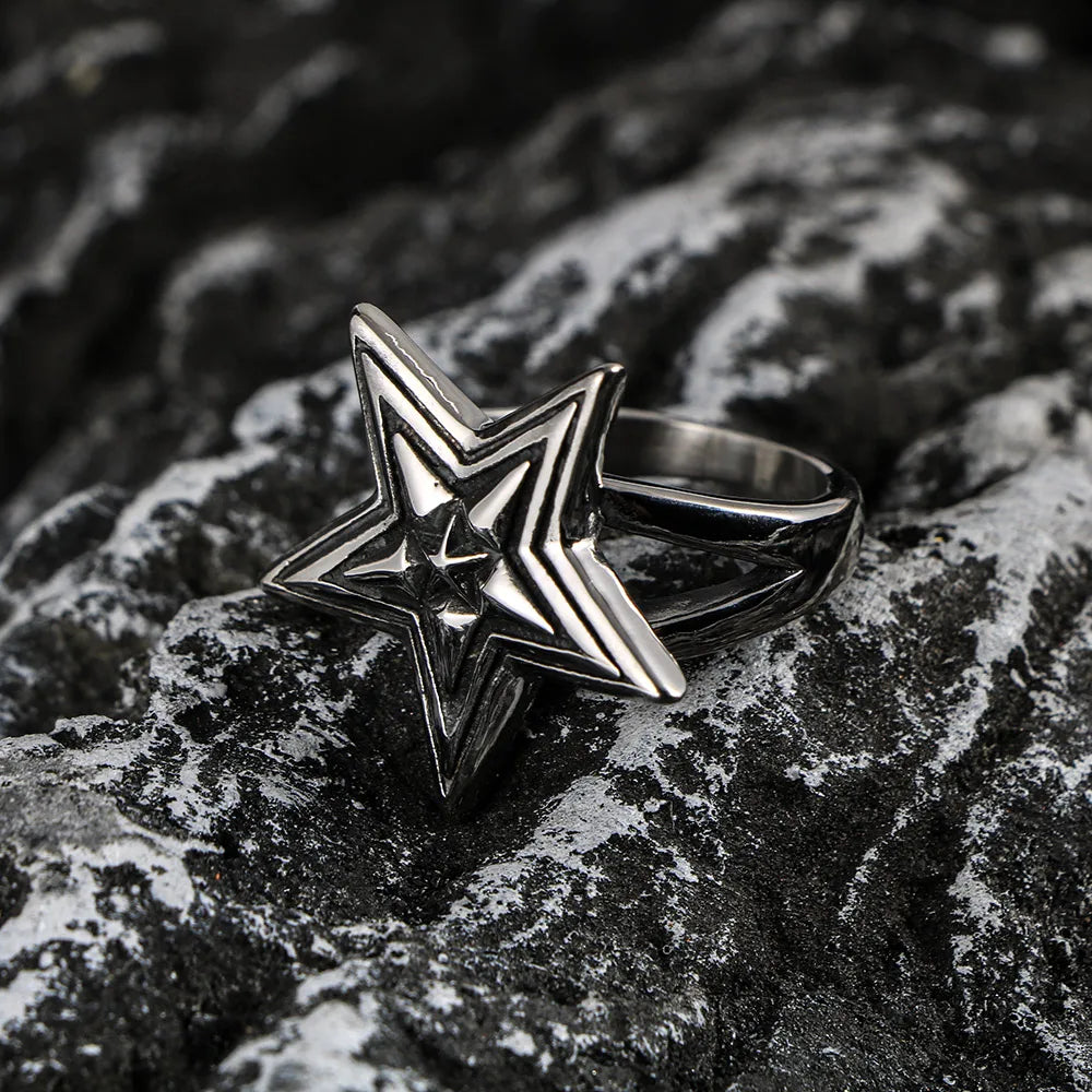 Large Five-Pointed Star Ring — Stainless Steel