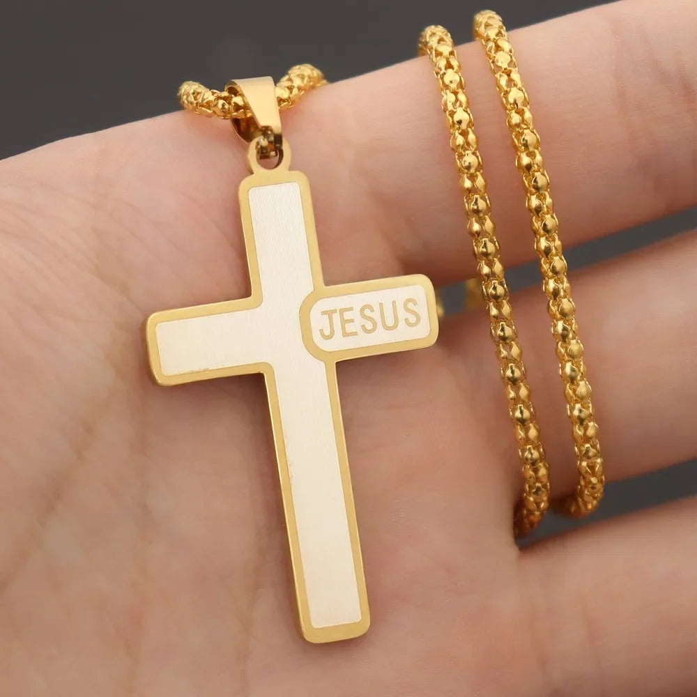 Jesus Cross & Saint Benedict Pendant Necklace — Stainless Steel