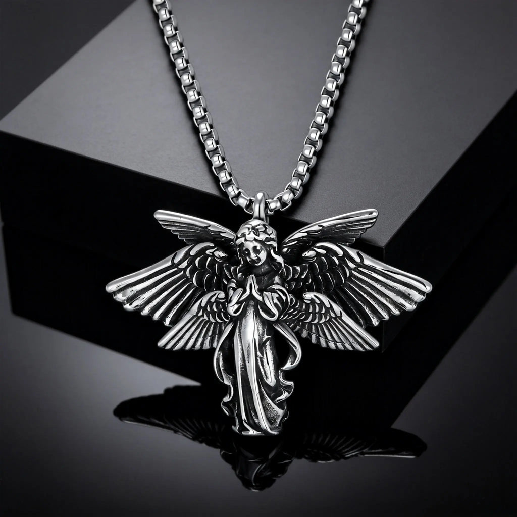 Classic Vintage Angel Wings Pendant Necklace for Men, Stainless Steel Seraph Prayer Necklace, Hip Hop Punk Jewelry