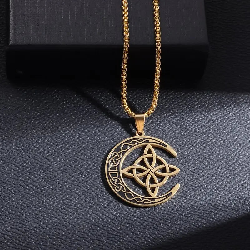 Silver Color Stainless Steel Pattern Witch Knot Pendant Necklace Celtic Knot Lucky Jewelry Christmas Gift for Friends Family