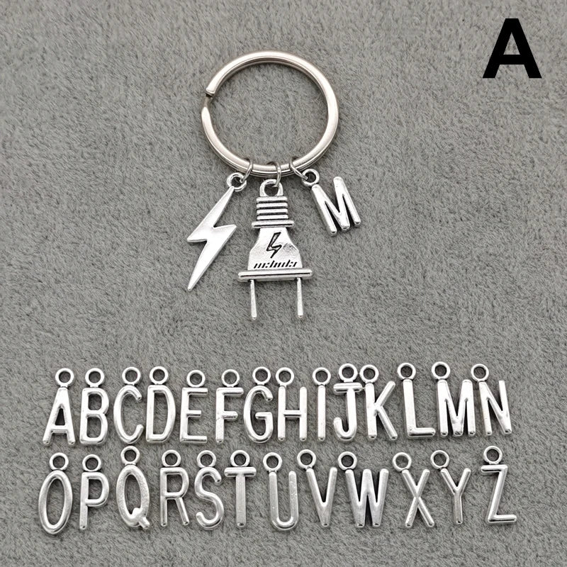 Fashion A-Z Letter Charm Lightning Bolt Plug Electrician Keychain for Electrical Worker Bag Car Keyring Gifts