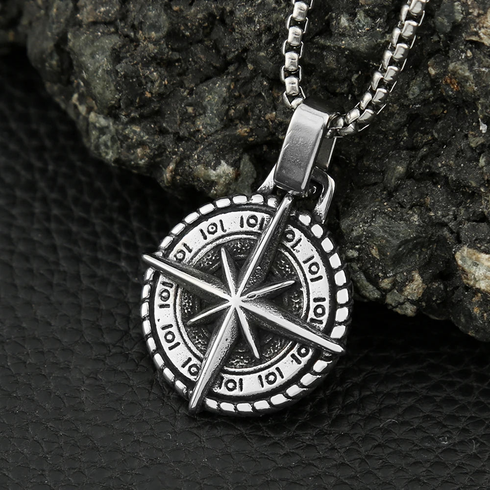 Viking Compass Stainless Steel Pendant Necklace