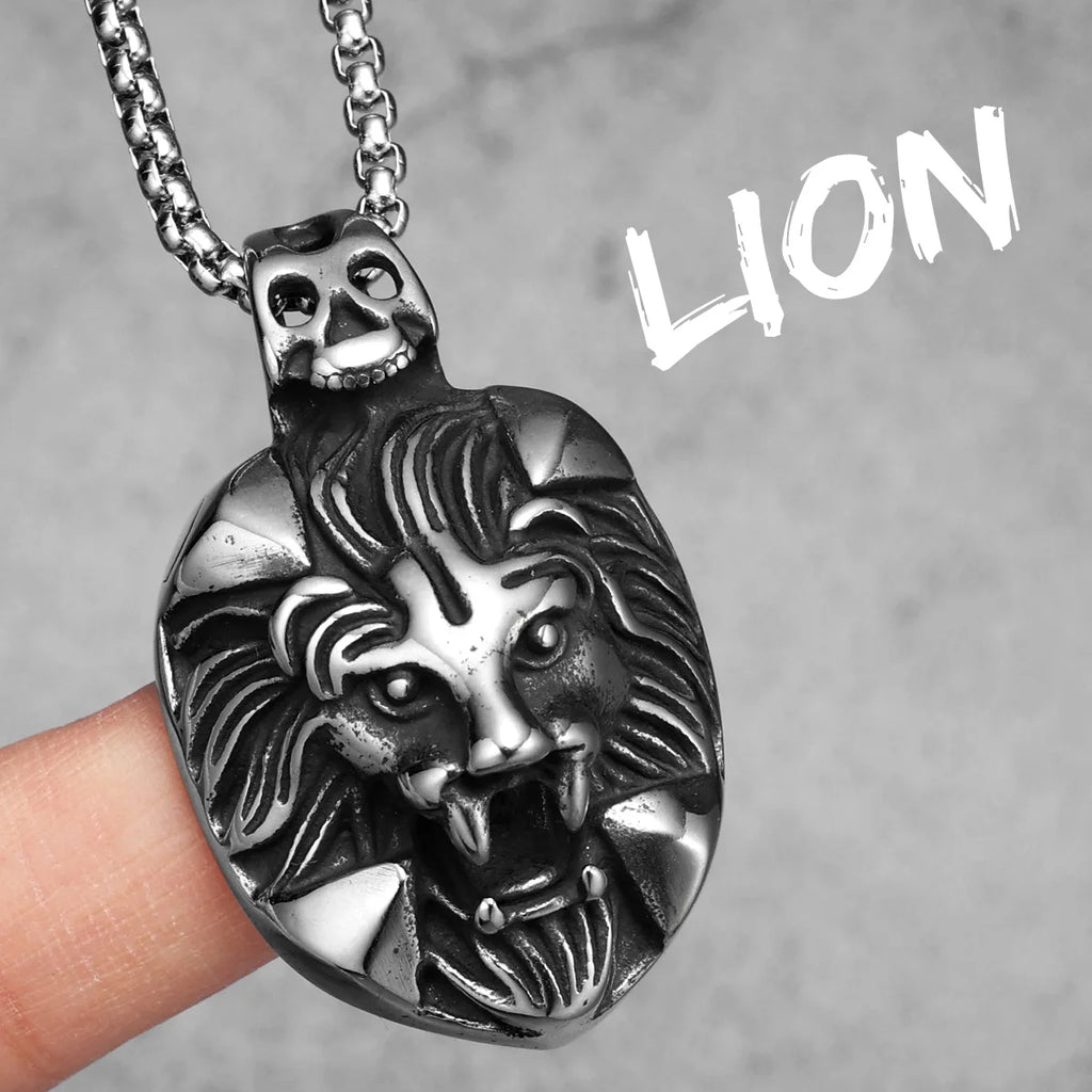 Vintage Gothic Lion Head Skull Pendant Necklace — Stainless Steel