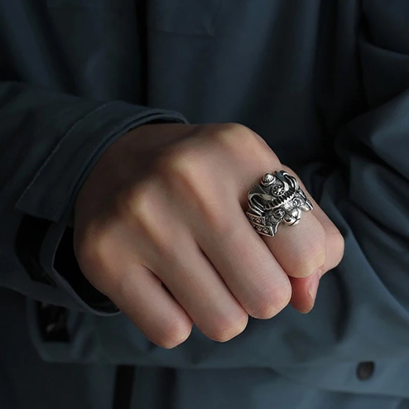 Gothic Samurai Cat Open Ring, Silver-Tone — Zinc Alloy