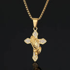 Iced Out Praying Hands Cross Pendant — Gold