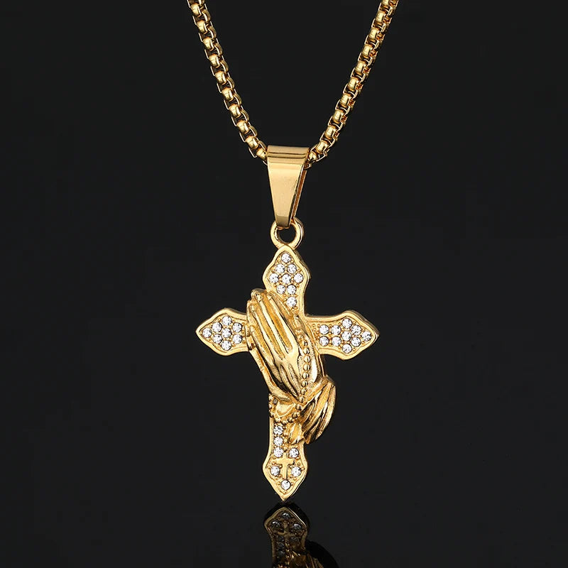 Iced Out Praying Hands Cross Pendant — Gold