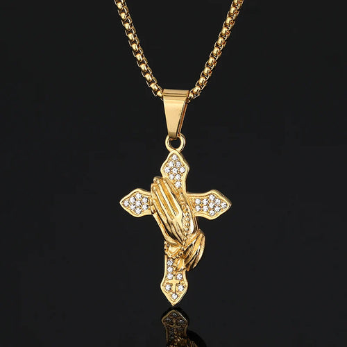 Iced Out Praying Hands Cross Pendant — Gold