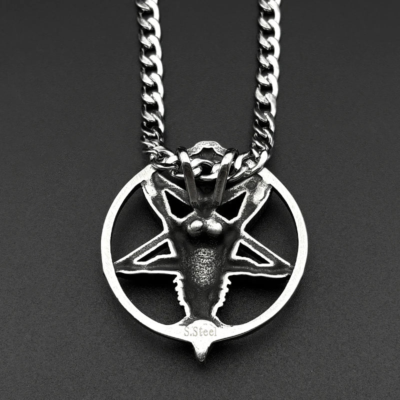Gothic Skull Silver Pendant Goat 316L Pentagram
