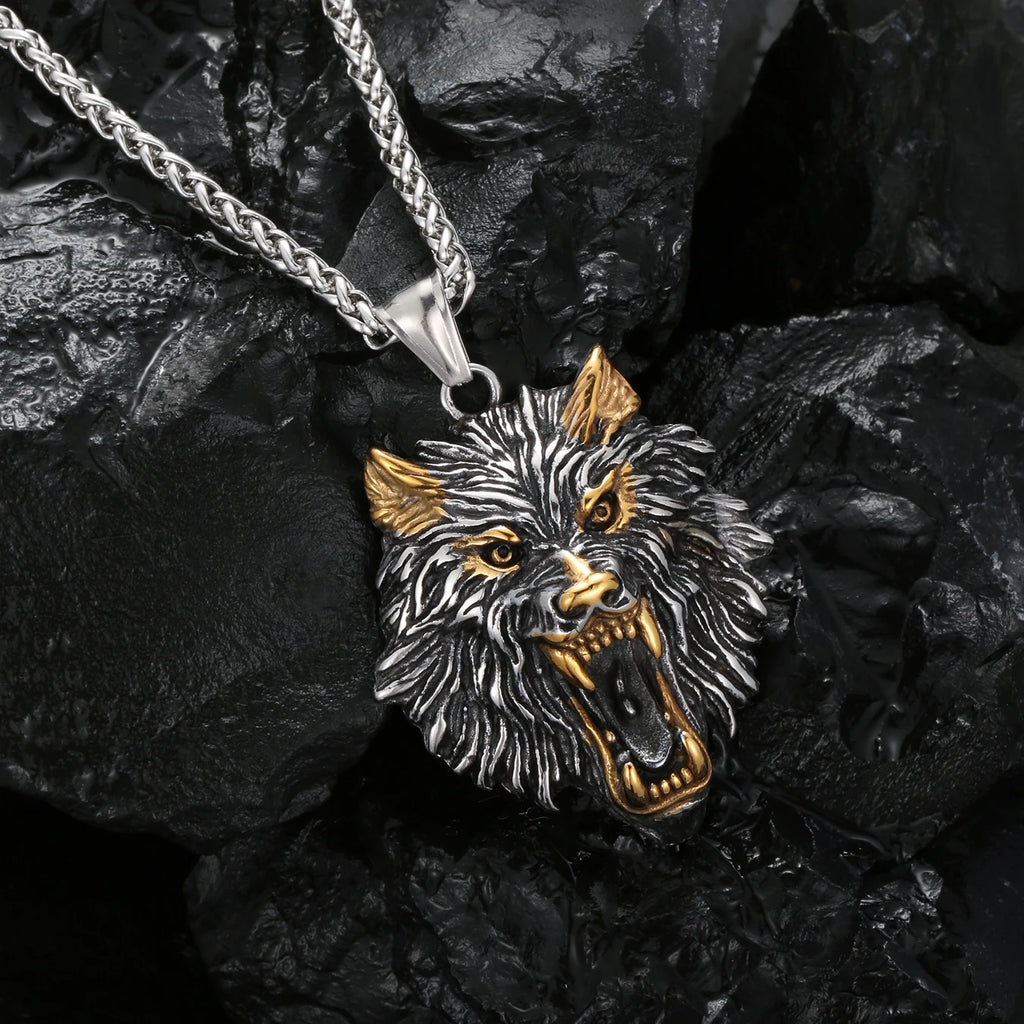 1PC INGCHAU Vintage Stainless Steel Myth of Europe Viking Wolf Head Necklace For Men Animal Amulet Necklace Men Jewelry