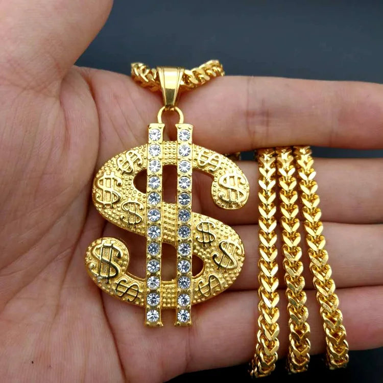 New dollar sign Gold color Stainless steel Chain Rhinestoned Big Dollar Sign Pendant Chain Necklace For Women Hiphop Jewelry