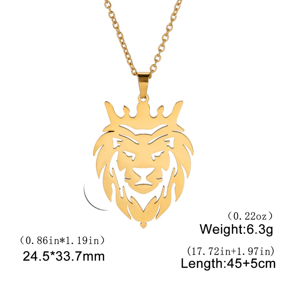 My Shape Lion King Crown Pendent Necklaces for Men Boys Stainless Steel Punk Animal Wolf Charms Choker Chains Hip Hop