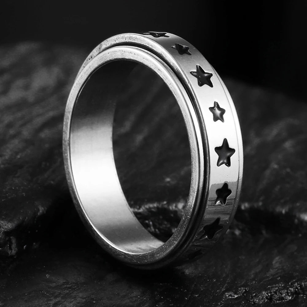 6MM Silver Color Stainless Steel Rotatable Star Rings For Men Women Trendy Male Stylish Punk Metal Ring Spinner Jewelry