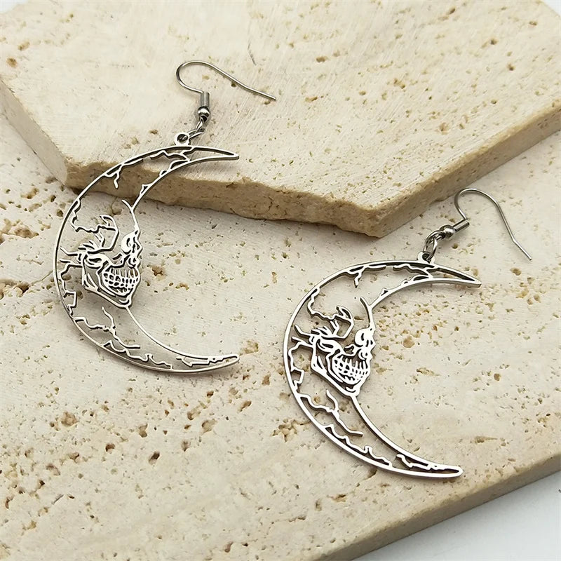 Gothic Skull Steel Earrings Crescent Moon Skeleton