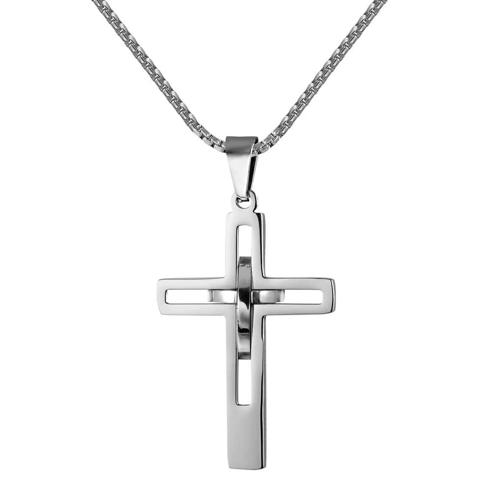 Fashion Double Cross Pendant Jesus Necklace for Men Boy Stainless Steel 24Inch Chain Link Necklaces Male Religious