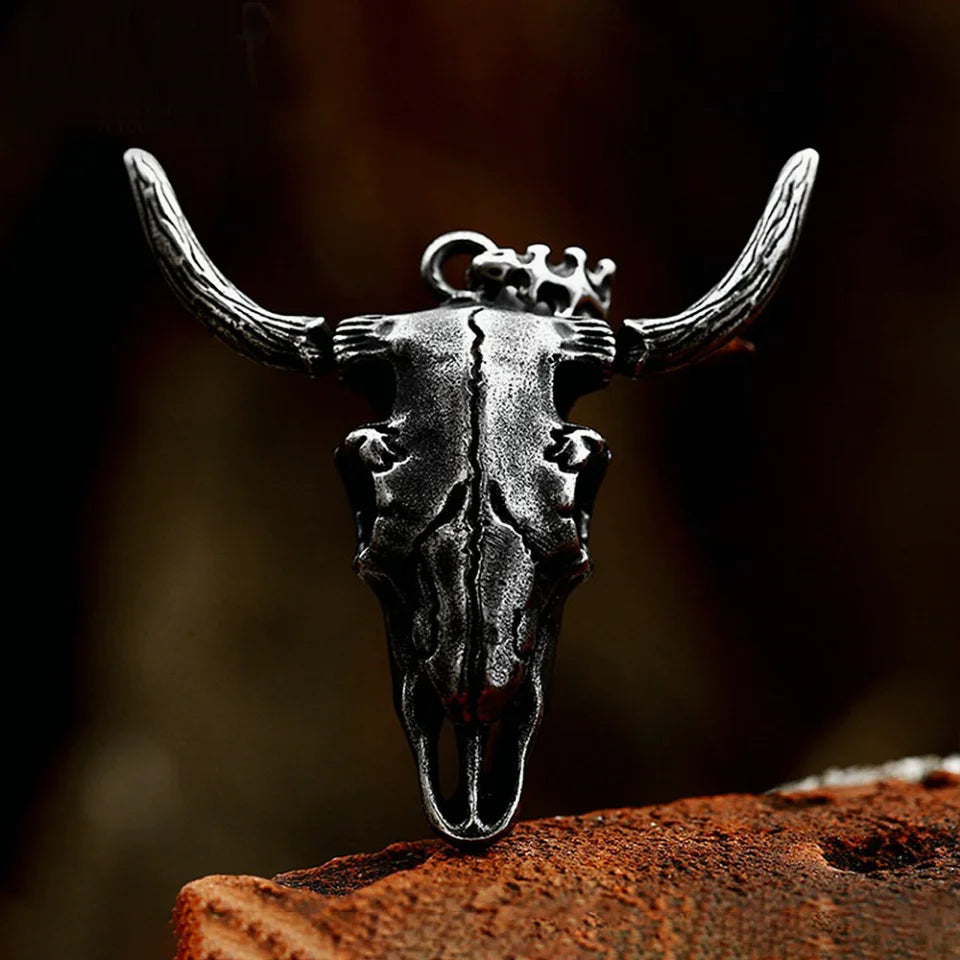 Black Bull Head Skull Pendant — Stainless Steel