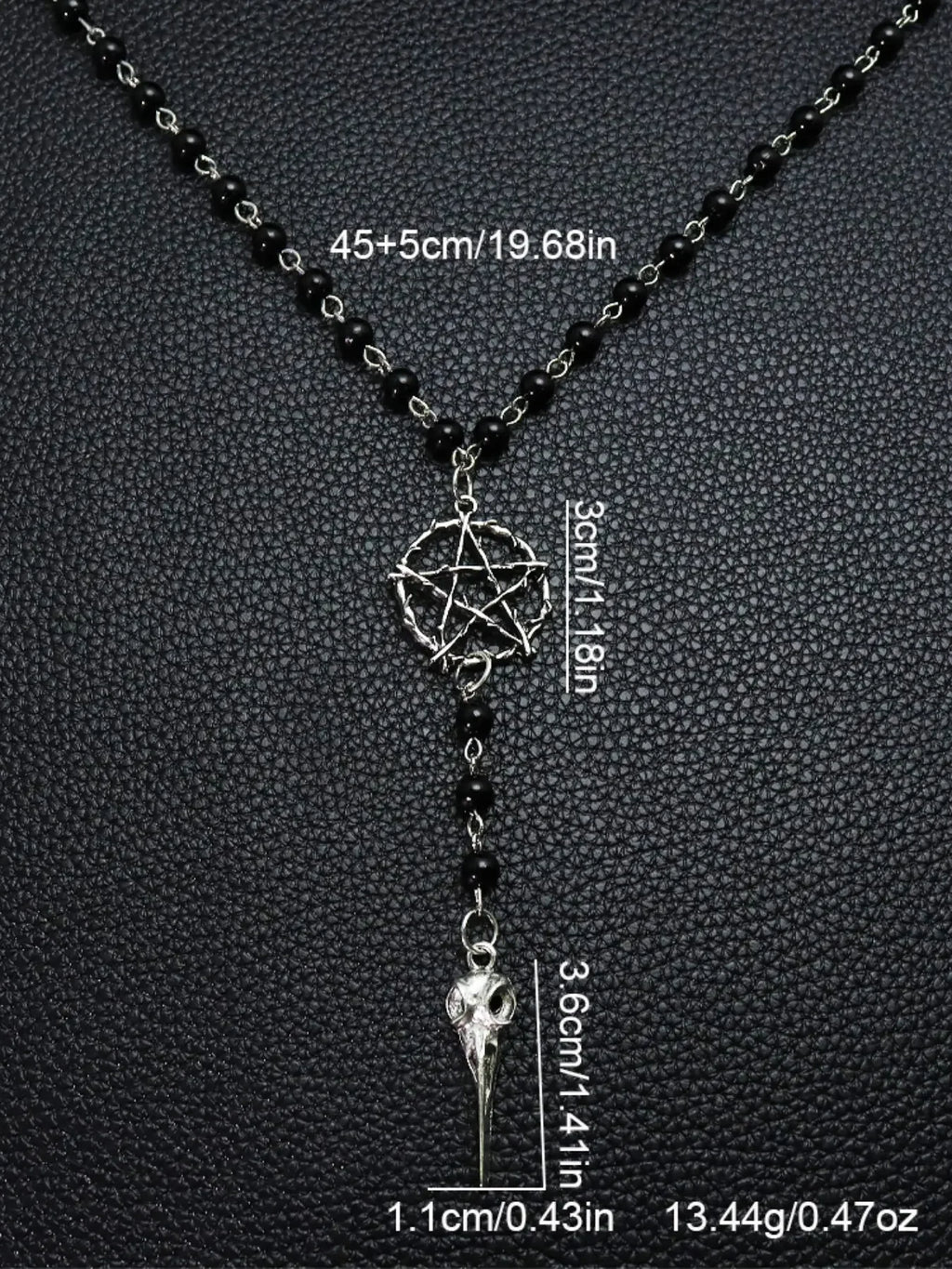 Gothic Pentagram Ankh Beaded Necklaces Black beaded chain with crow skull pendant. Ideal for goth girls, witchy aesthetic & alternative fashion. Edgy occult layering jewelry, stand out with dark vibe Gothic Mystery Jewelry Ac