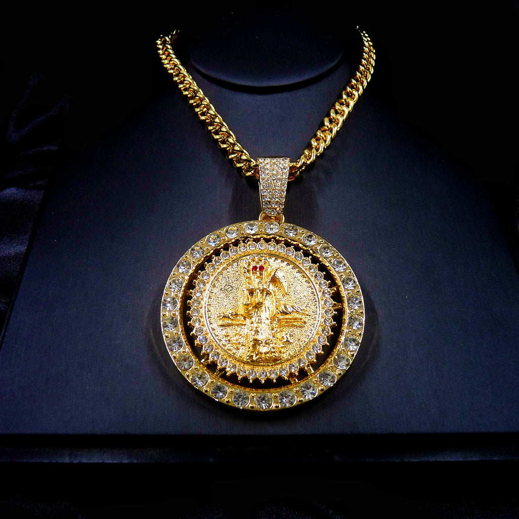 1 piece men's fashionable hip hop Santa Muerte set with sparkling rhinestones rotatable pendant decorative necklace