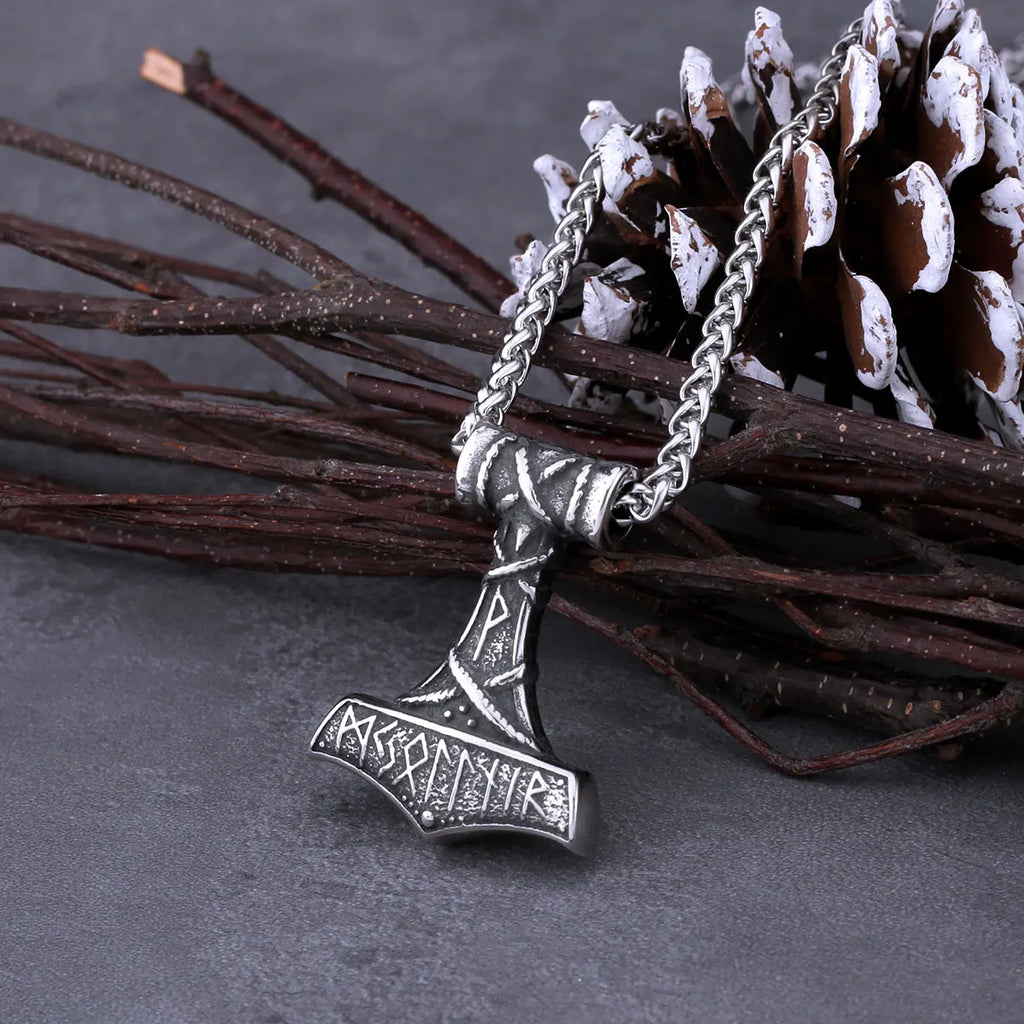 Vintage Nordic Vikings Anchor Odin Rune Necklace Men's Stainless Steel Fashion Mjolnir Hammer Pendant Necklace Punk