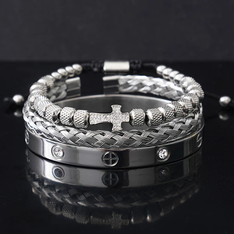 Luxury Stainless Steel Beads Cross Charms Man Bracelet CZ Bangles Women Jewelry Set Gift