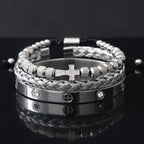 Luxury Stainless Steel Beads Cross Charms Man Bracelet CZ Bangles Women Jewelry Set Gift