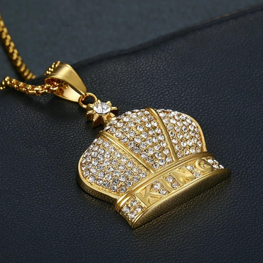 Iced Out King Crown Pendant Tennis Necklace — Stainless Steel